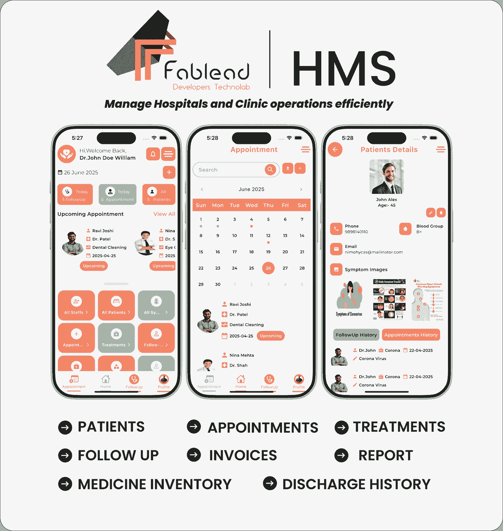 Fablead Technolabs hospital management system mobile app screen