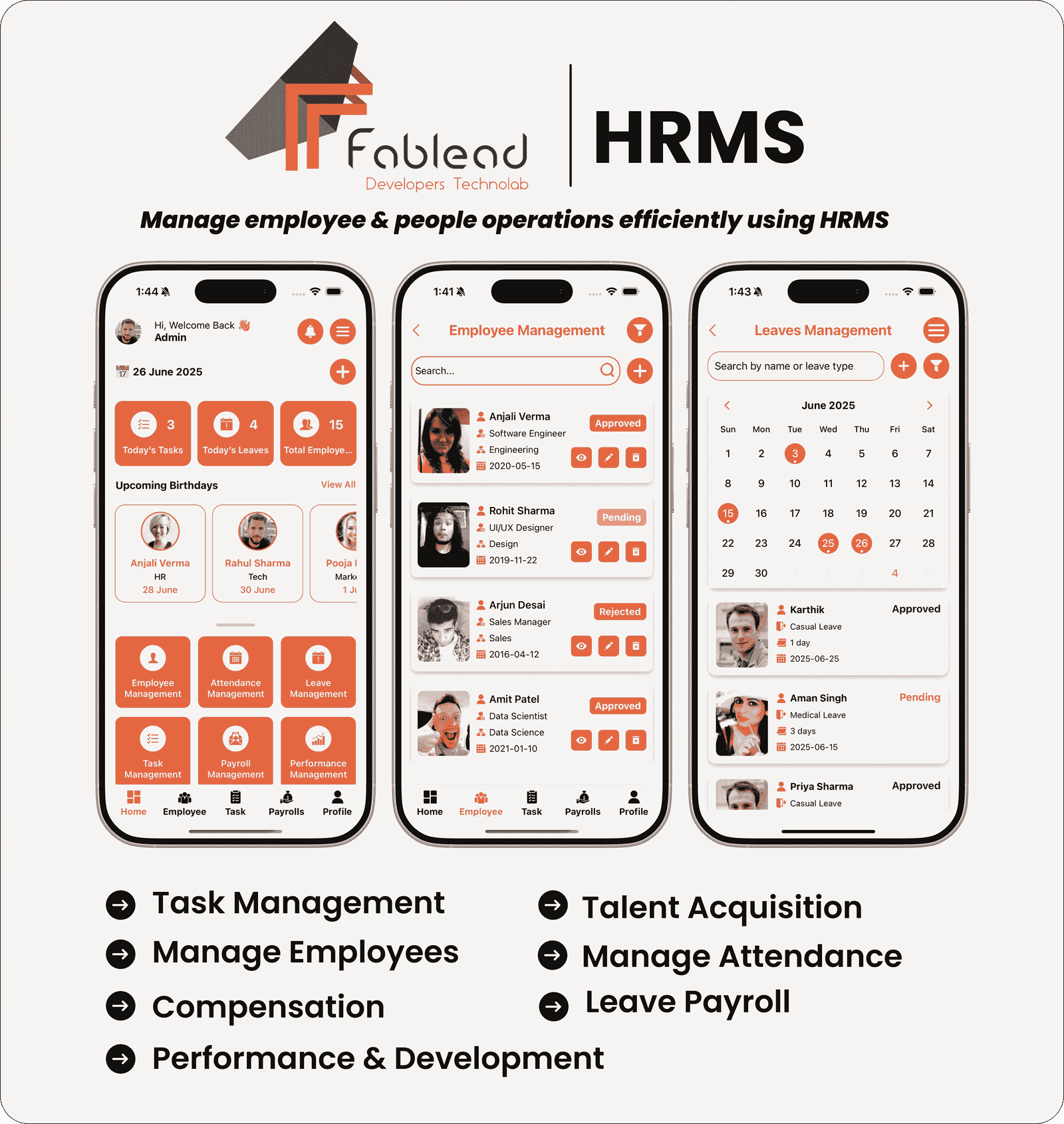 Fablead Technolabs HRMS mobile application screens